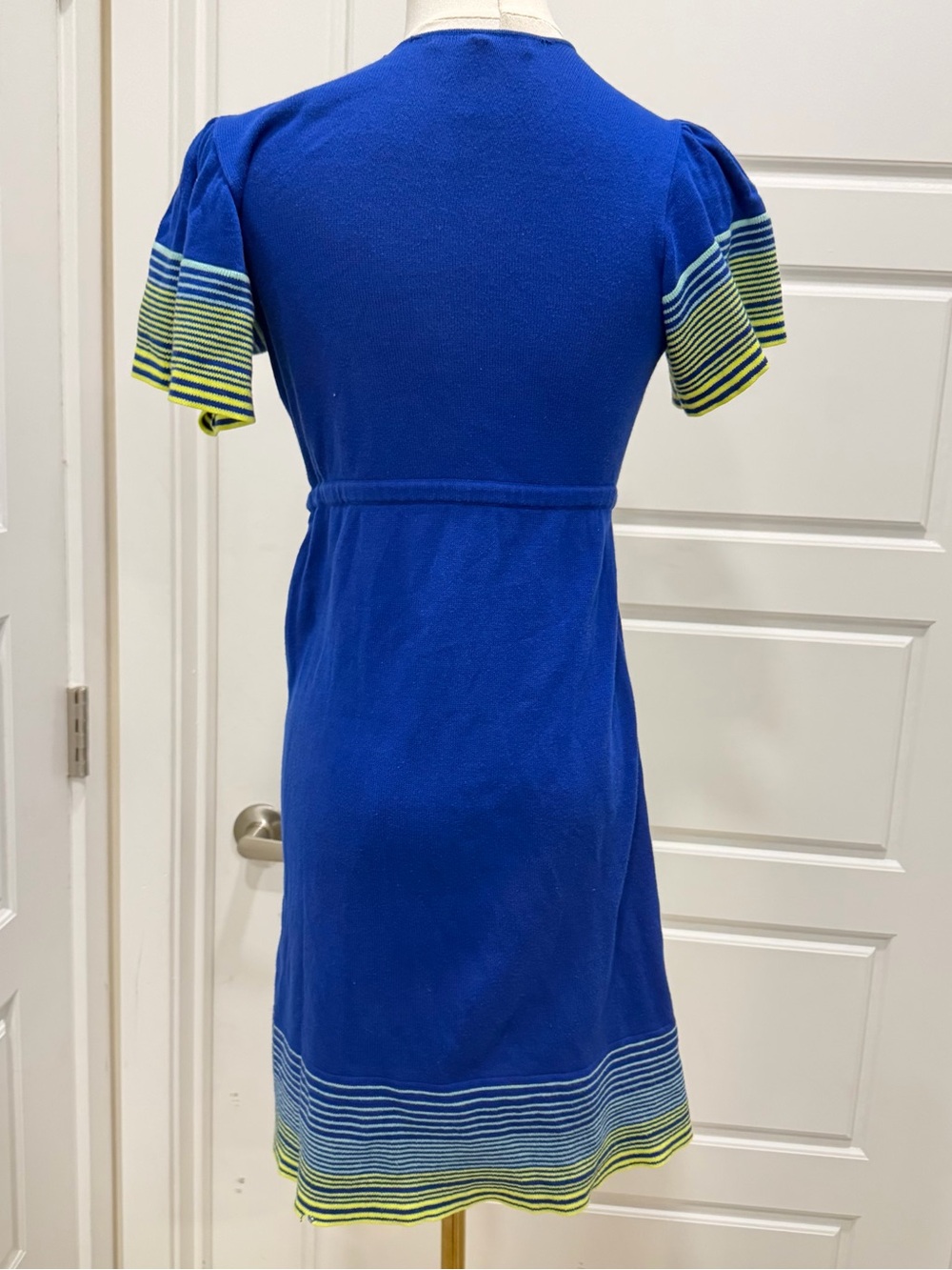 Royal Blue Ruffle-Trim Sweater Knit Wrap Dress with Multicolor Stripes - Picture 3 of 6
